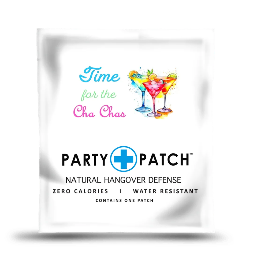 A white foil package for Party Patch's 'Time for the Cha Chas' natural hangover defense patch.