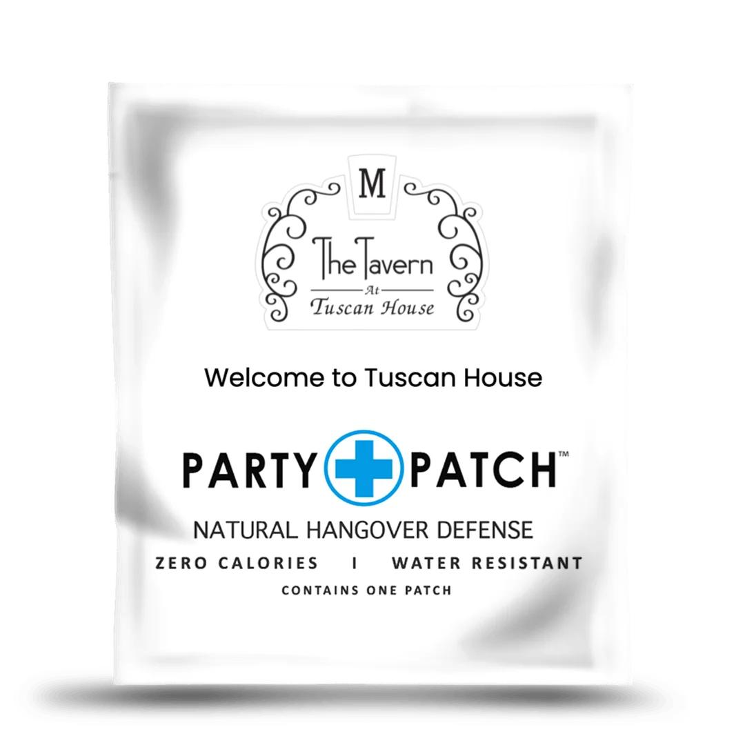 A white Party Patch packet with a custom logo for The Tavern at Tuscan House.