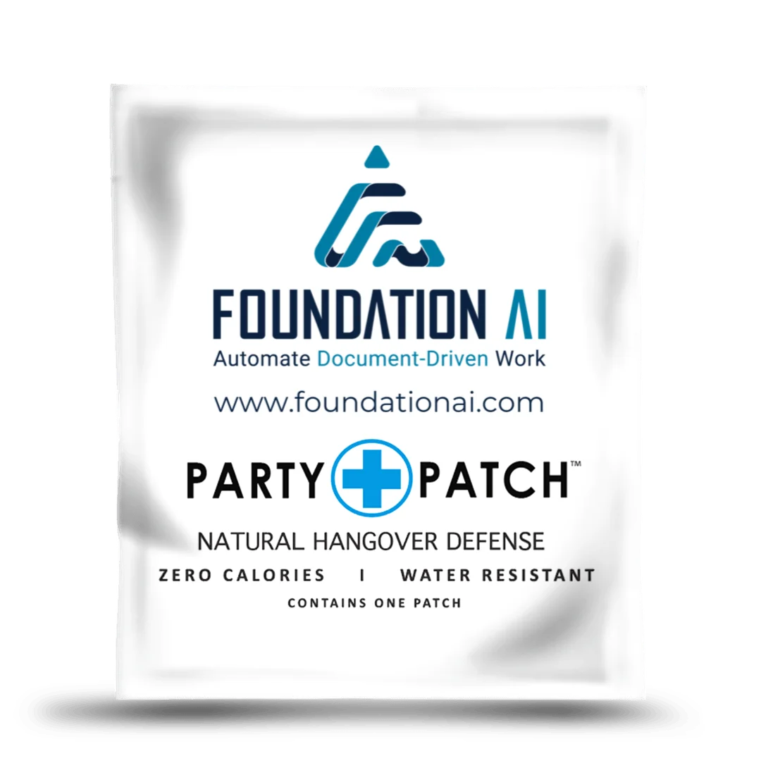 A white foil packet for a Foundation AI branded Party Patch, a natural hangover defense product.