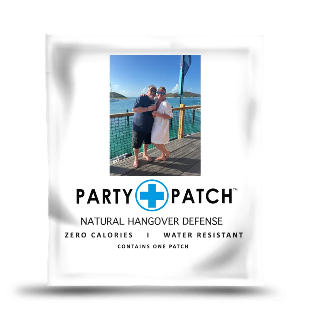 A white packet of Party Patch Natural Hangover Defense with a photo of a couple on a dock.