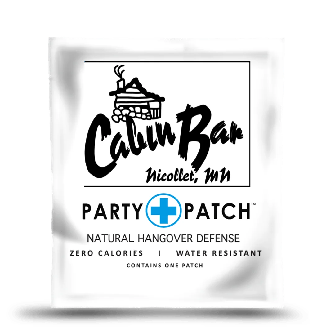 A white packet of a Cabin Bar branded Party Patch, a natural hangover defense product.