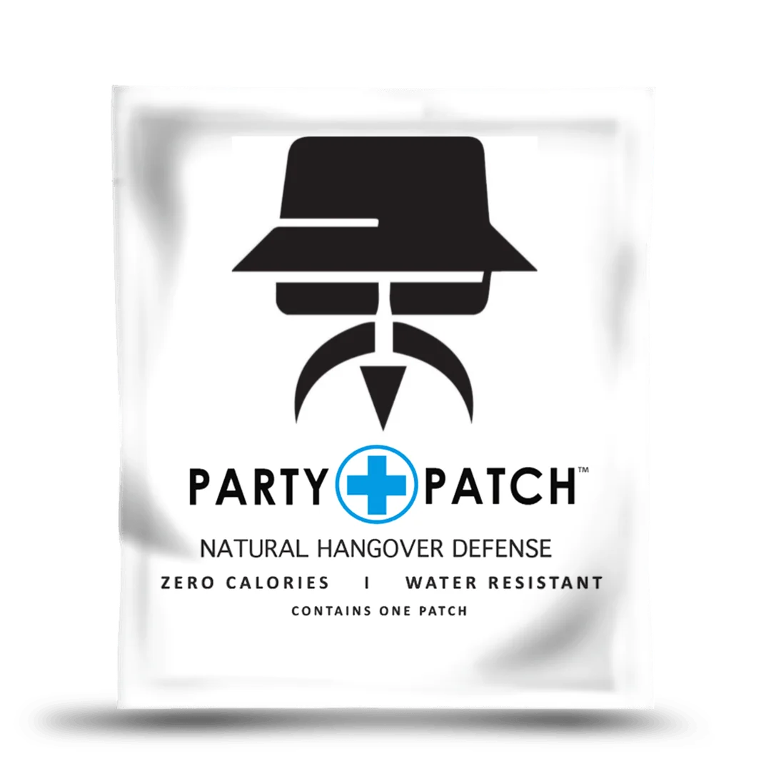 A single white packet of Party Patch, a product for natural hangover defense.