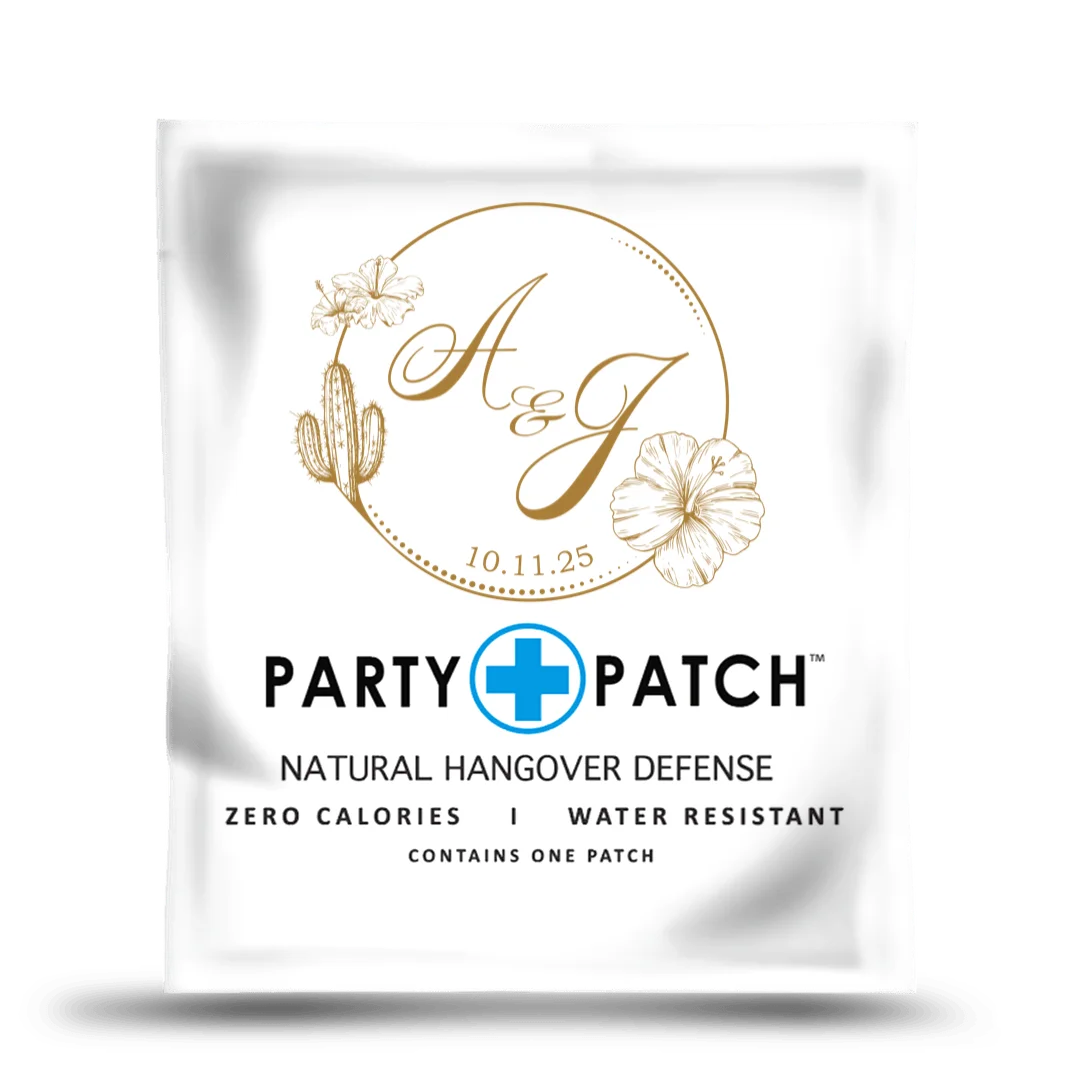 A white packet of Party Patch with a personalized wedding logo featuring initials A & J and a date.