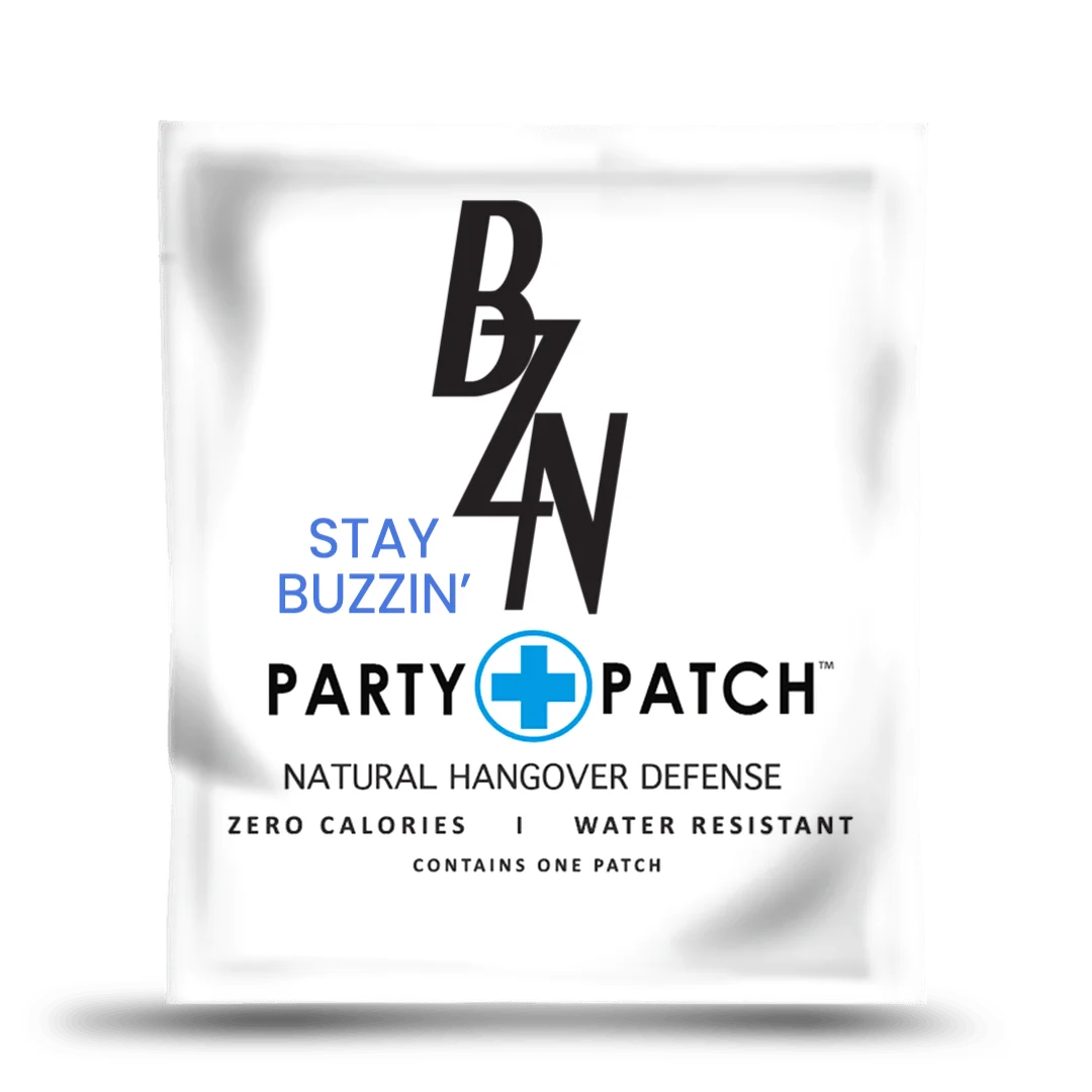 A single white packet of the BZN Stay Buzzin' Party Patch for natural hangover defense.
