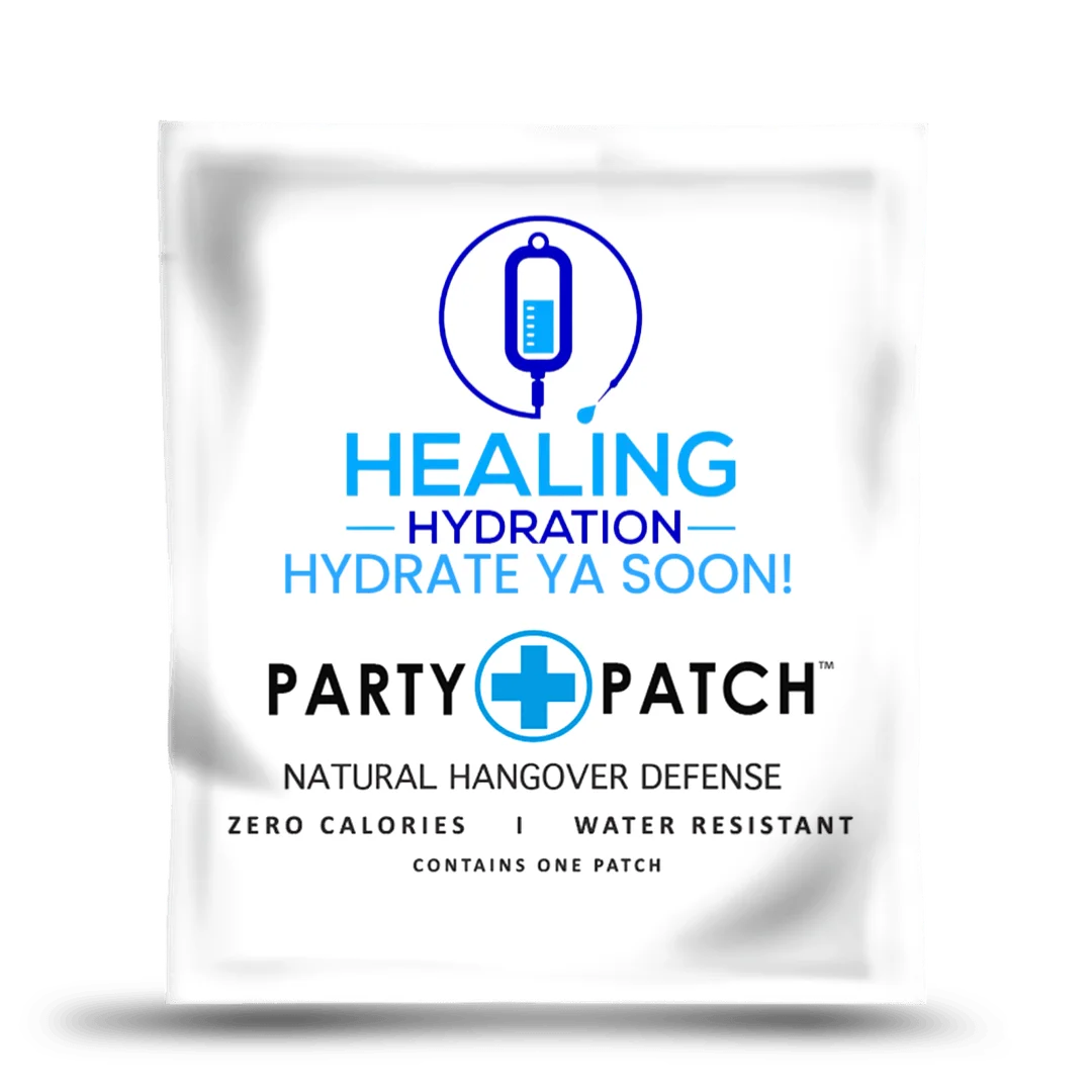 A single white packet of the Healing Hydration Party Patch, a natural hangover defense product.