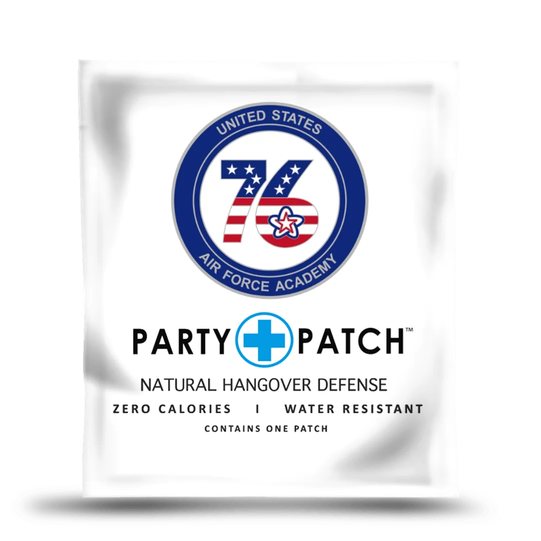 A Party Patch packet for natural hangover defense featuring the United States Air Force Academy logo.