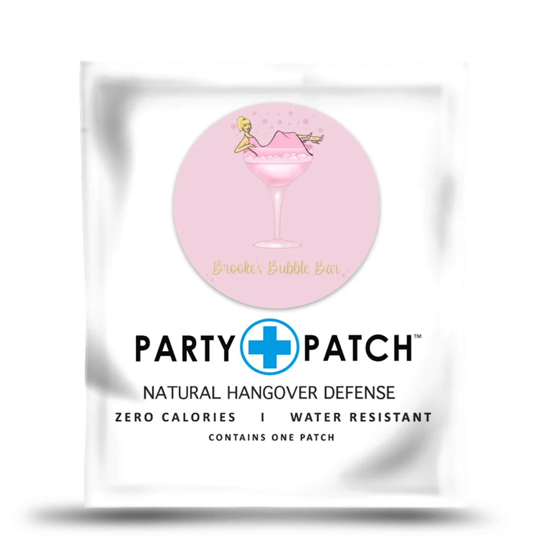 A single white packet of Party Patch Natural Hangover Defense with a custom 'Brooke's Bubble Bar' sticker.