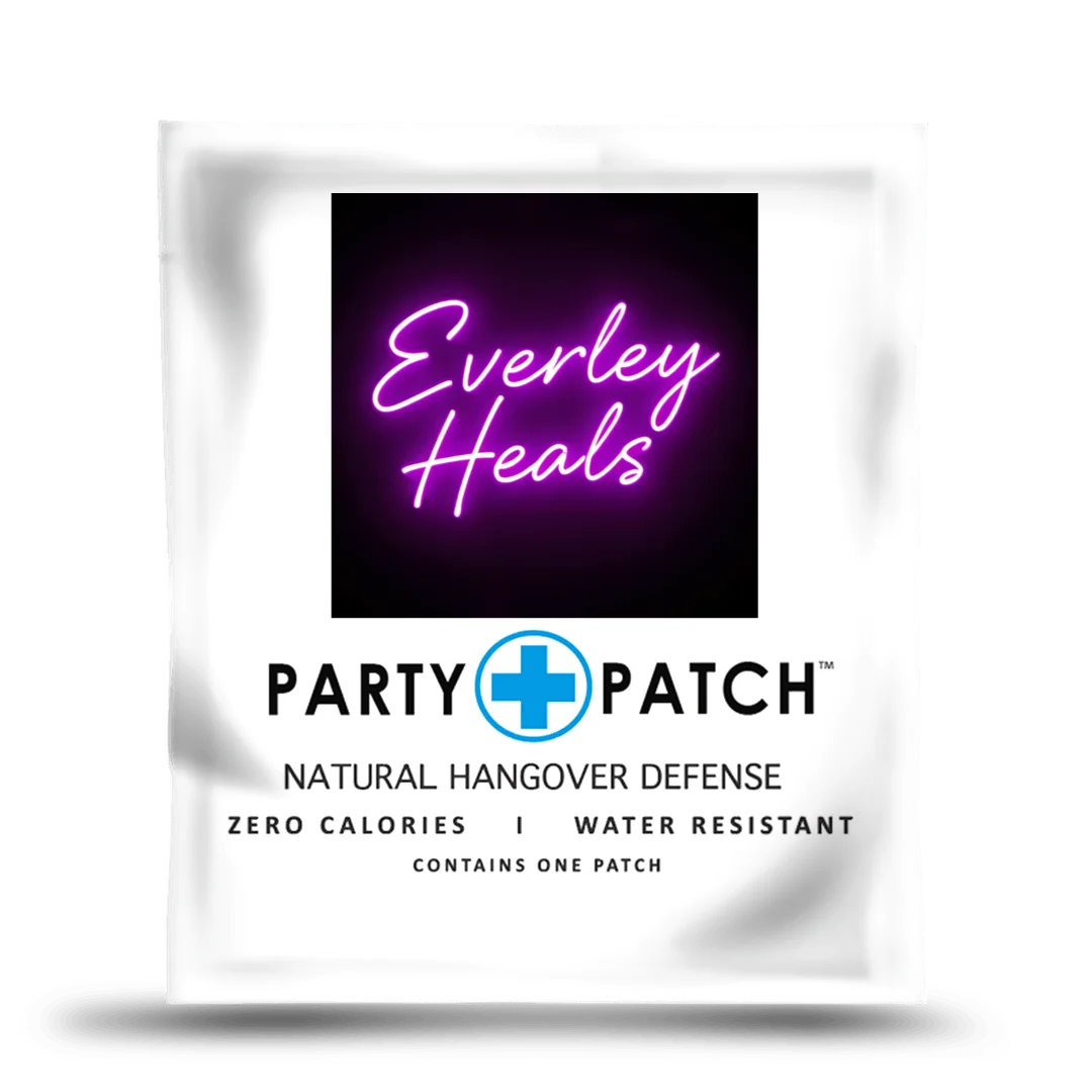 A white foil packet for an Everley Heals Party Patch, a natural hangover defense product.