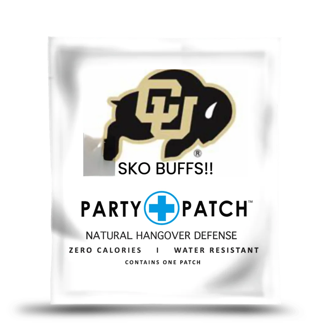 A white packet of a Party Patch featuring the University of Colorado Buffaloes logo and 'Sko Buffs!!' text.
