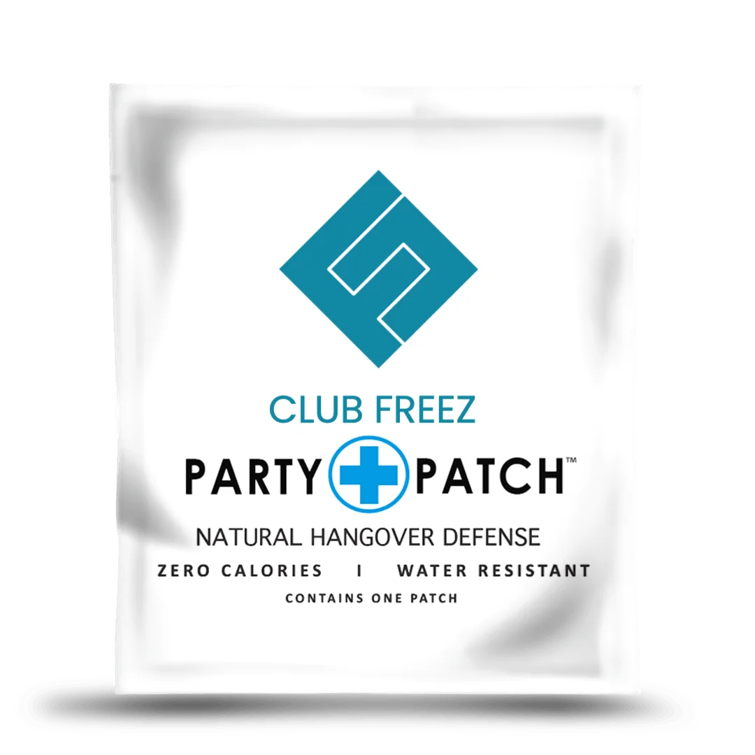 A white packet of Club Freez Party Patch for natural hangover defense on a dark green background.
