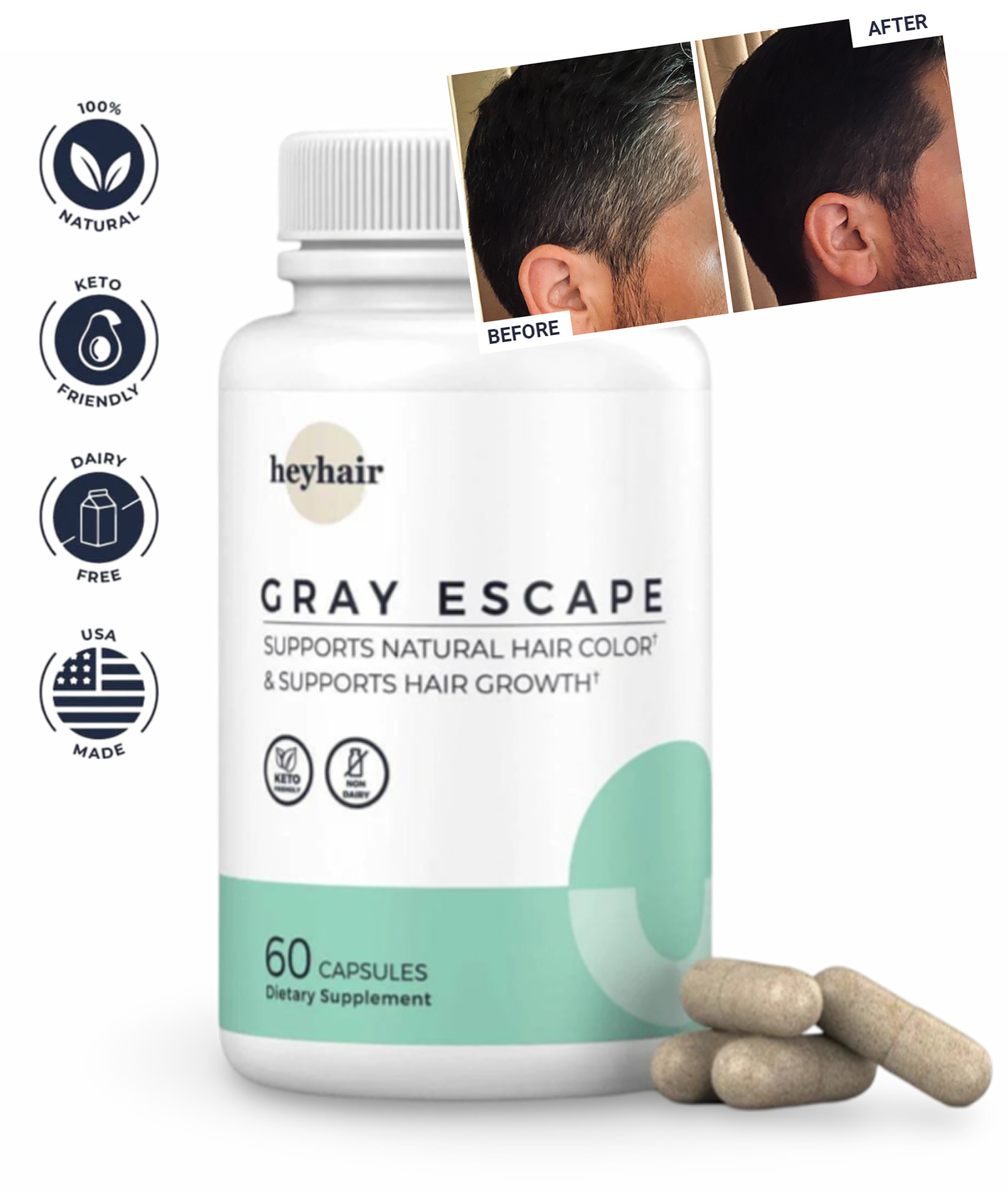 Dietary supplement bottle labeled 'Gray Escape' with before-and-after hair photos.