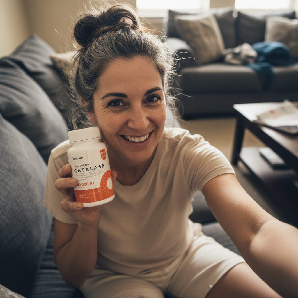 Person sitting on a couch holding a catalase supplement bottle.