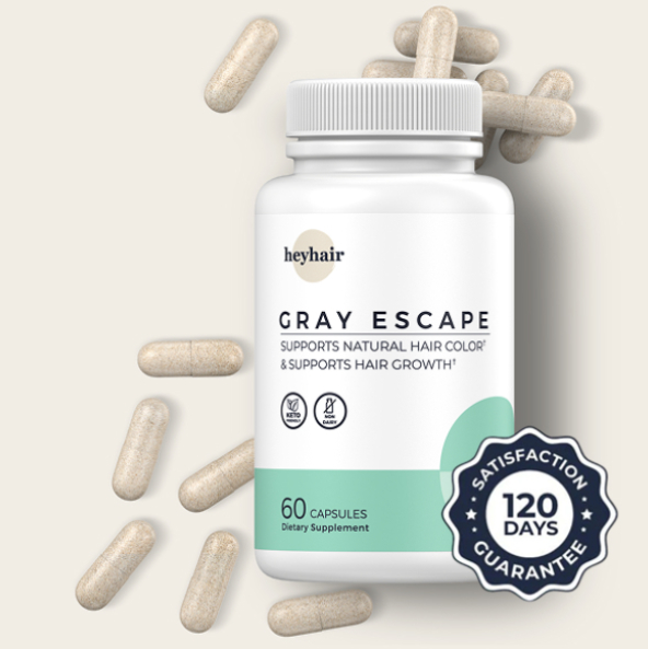 Bottle of hair supplement capsules with a 120-day satisfaction guarantee badge.