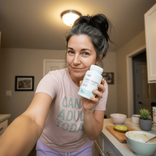 Person in kitchen holding a bottle of oral care tablets, wearing a T-shirt with text.