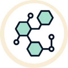 Illustration of a molecular structure with hexagons and connecting lines.