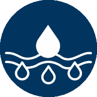 Icon of water droplets on a dark blue circle background.