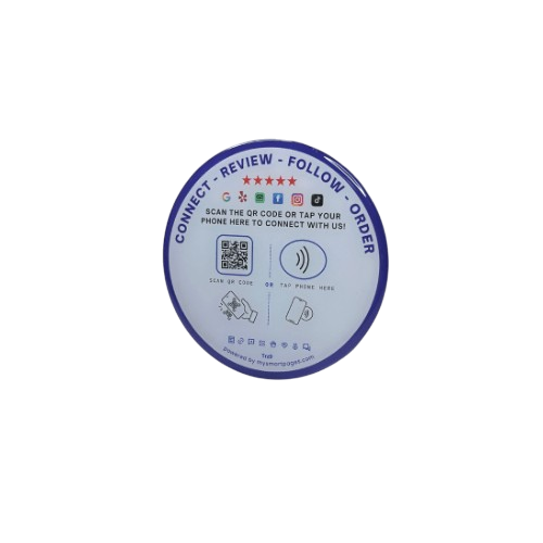Round sign with QR code and NFC symbol for connecting and ordering.
