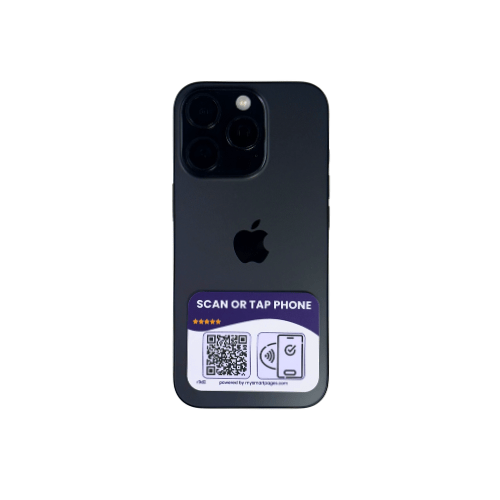 Black smartphone with a QR code sticker on the back.