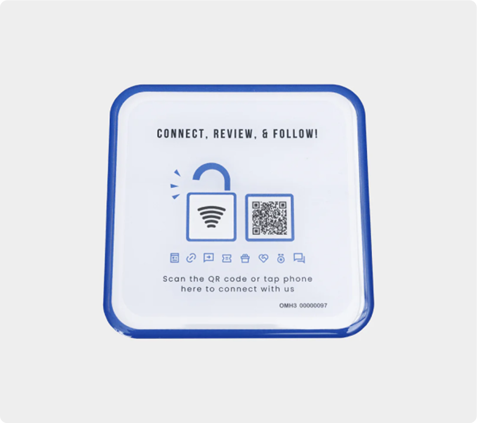 Card with QR code for connecting and reviewing, labeled 'Connect, Review, & Follow!'.