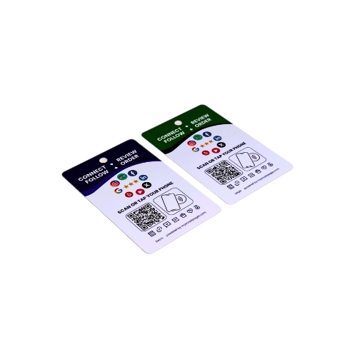 Two product cards with QR codes and icons on a white background.