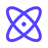 Atom symbol in blue with orbit lines and central dot.