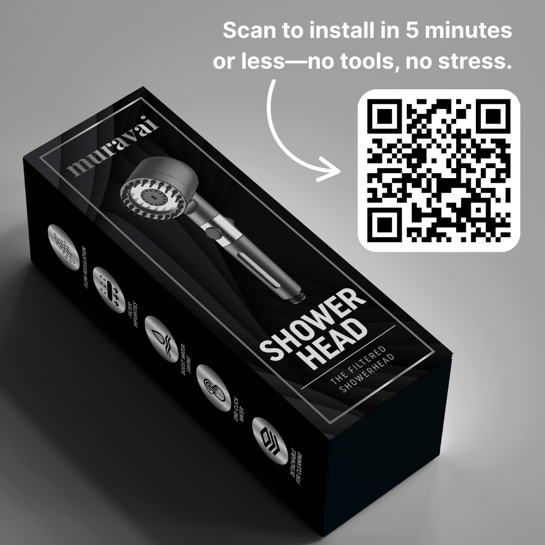 Box of a shower head with QR code for installation instructions.