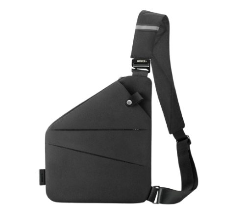 Black crossbody bag with adjustable shoulder strap and sleek design.