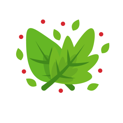 Illustration of green leaves with red dots on a white background.