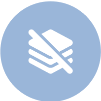 White icon of stacked papers with a slash on a blue circle.
