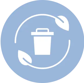 White recycling bin icon with leaves on a blue circular background.