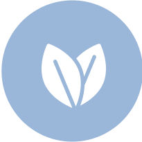 White leaf icon on a blue circular background.