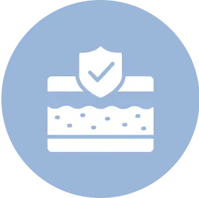 Icon of a shield over a layered cake on a blue background.
