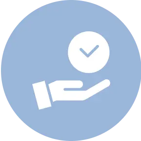 Icon of a hand holding a circle with a checkmark inside on a blue background.