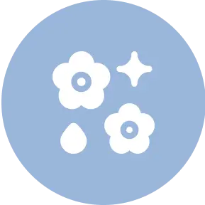 White flowers, droplet, and sparkle icons on a blue circle background.