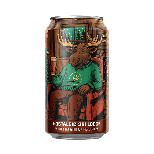 Beer can with a moose in a sweater, sitting in a cozy lodge.
