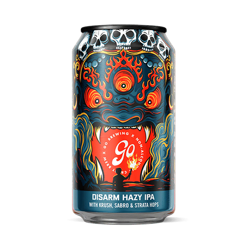 Colorful can with a fiery design and text 'Disarm Hazy IPA'.