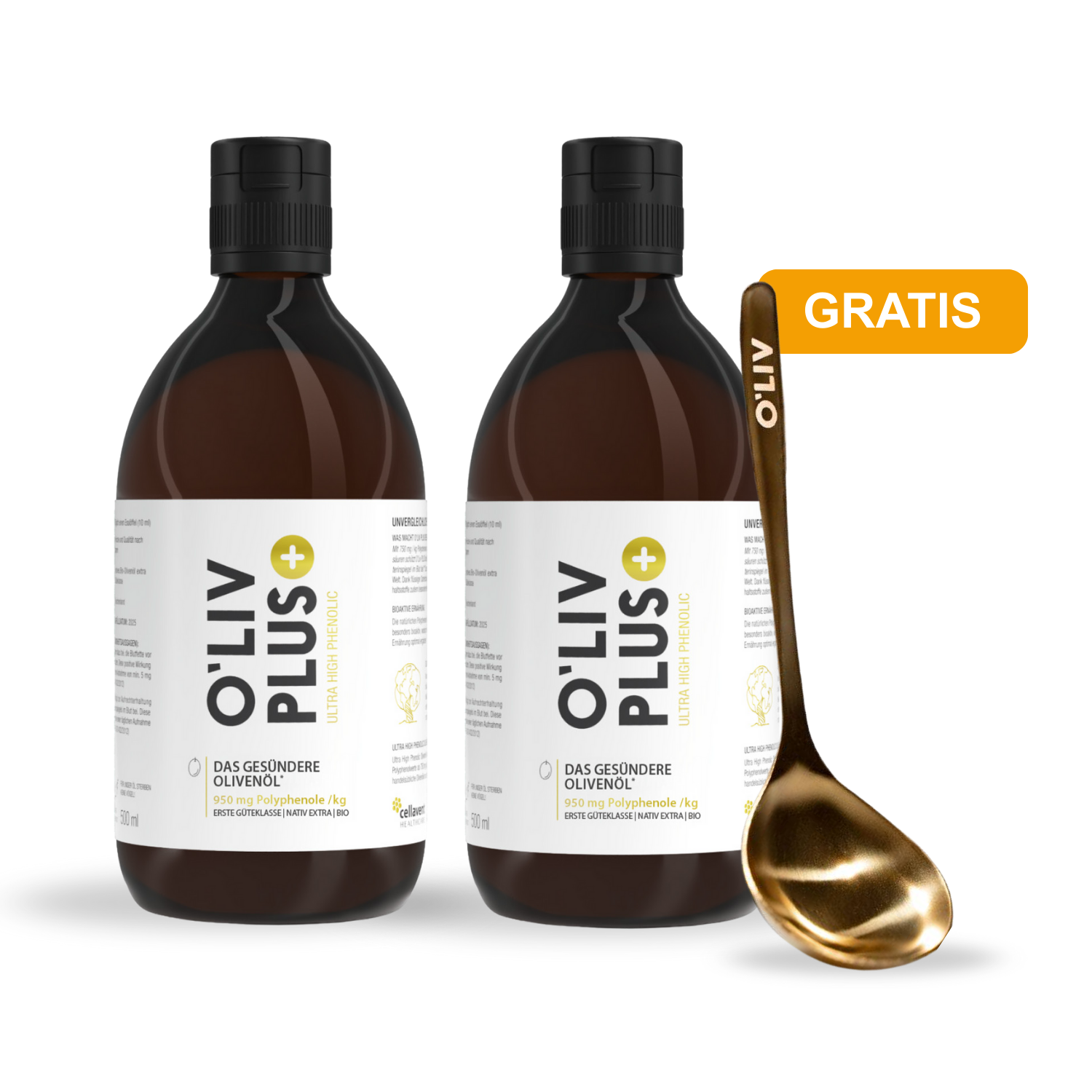Olive oil bottle with a golden spoon and 'GRATIS' label on white background.