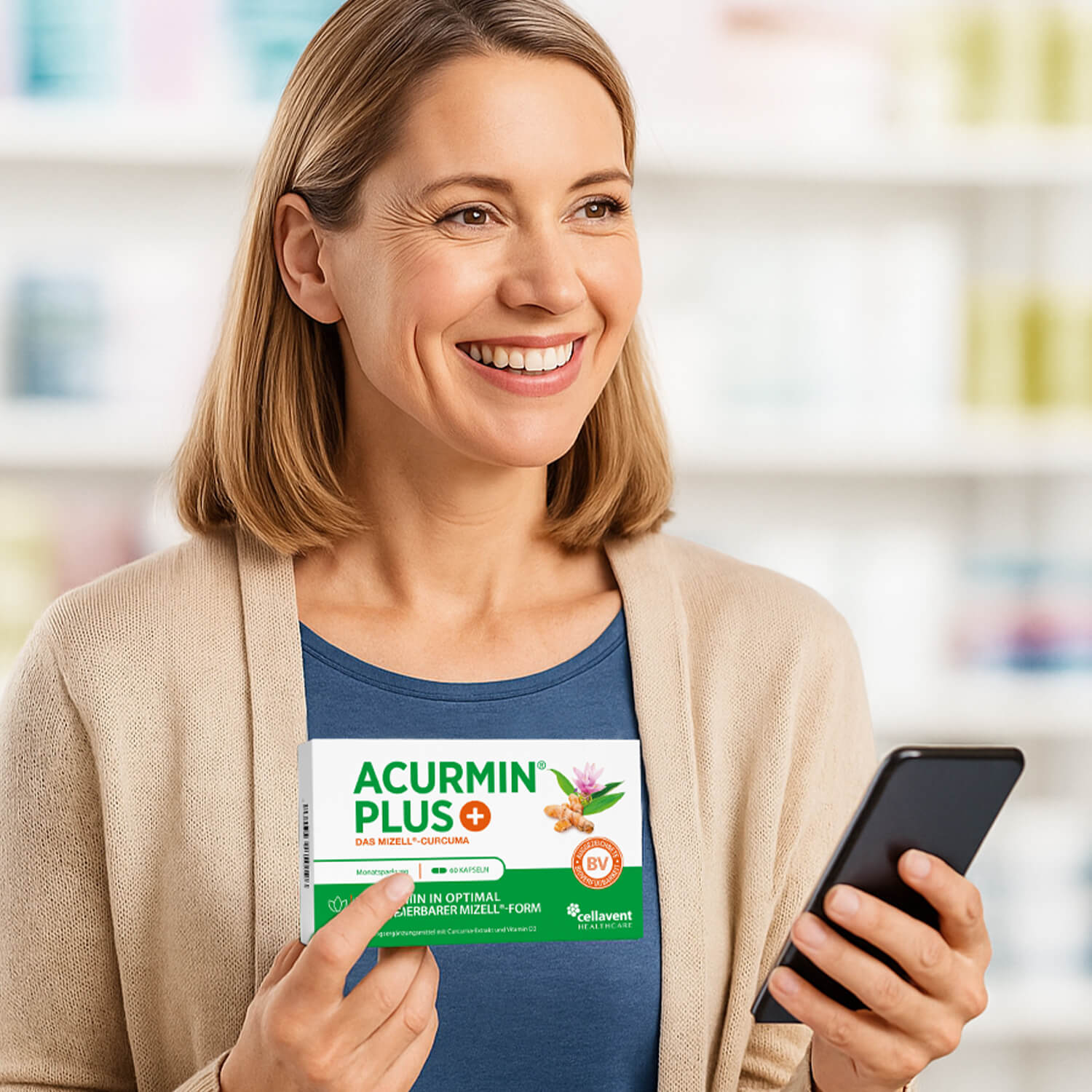 Smiling woman holding a phone and a box labeled 'Acurmin Plus'.