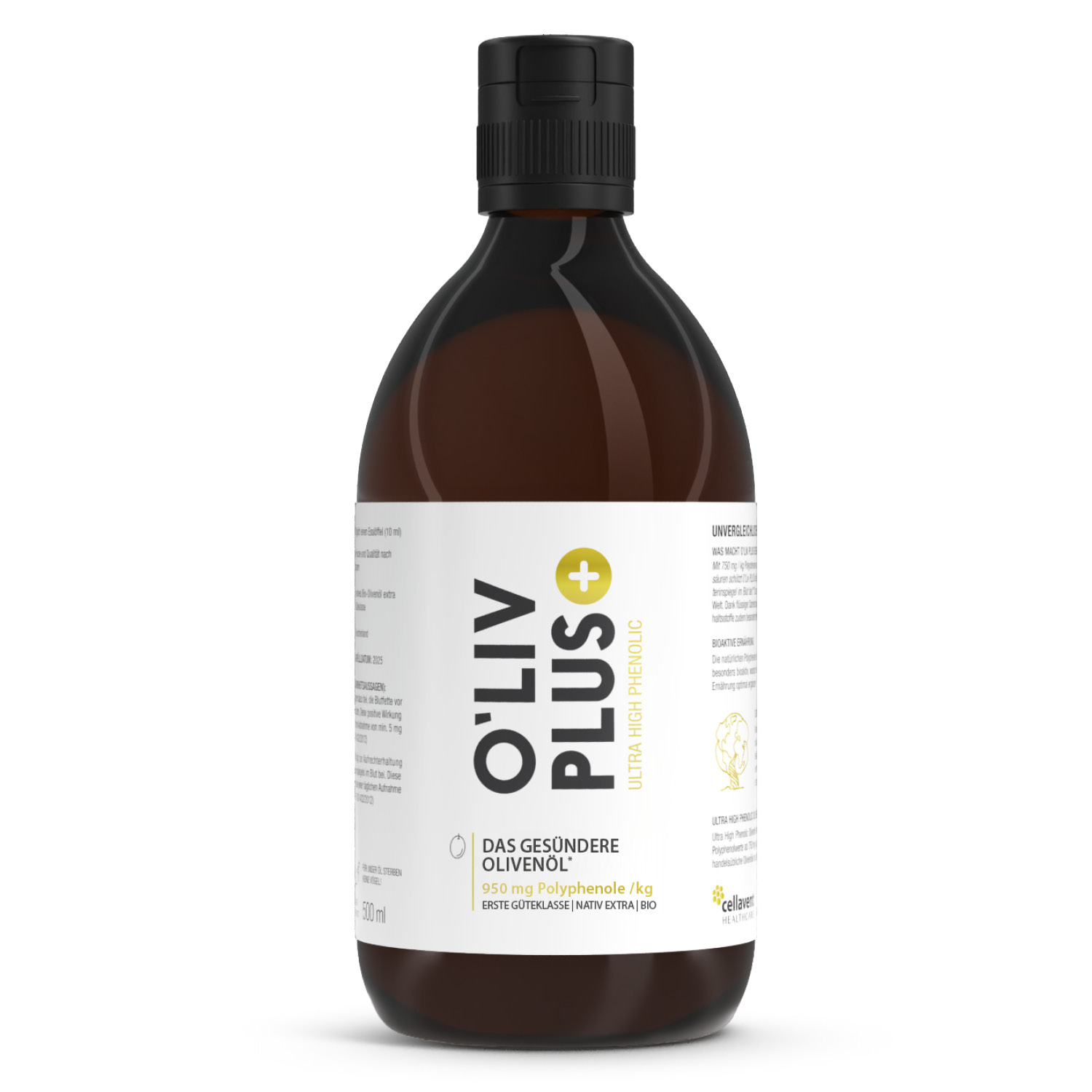 A brown glass bottle of O'LIV PLUS+ Ultra High Phenolic olive oil against a white background.