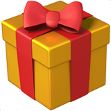 A yellow gift box with a red ribbon and bow.
