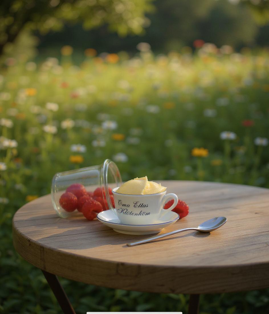 Cup with dessert and raspberries on a wooden table in a garden.