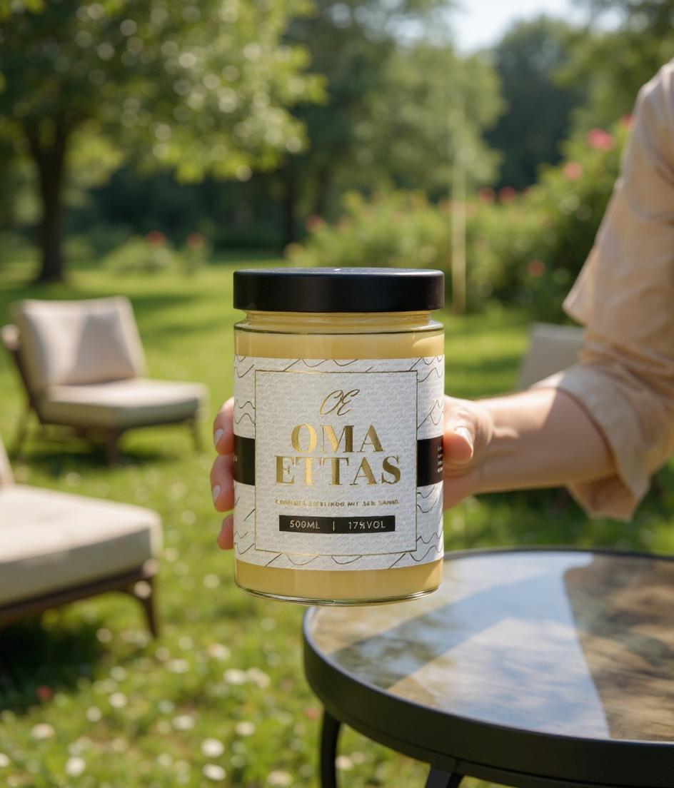 Person holding a jar labeled 'OMA ETTAS' in a garden setting.