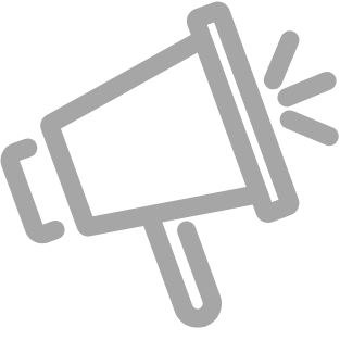 Gray megaphone icon with sound lines on a white background.