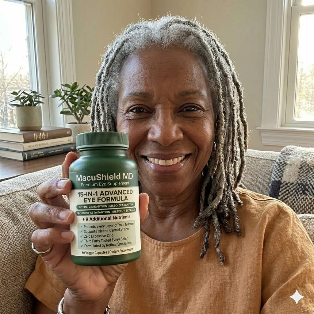 A smiling woman with gray dreadlocks holds up a bottle of MacuShield MD eye supplements.