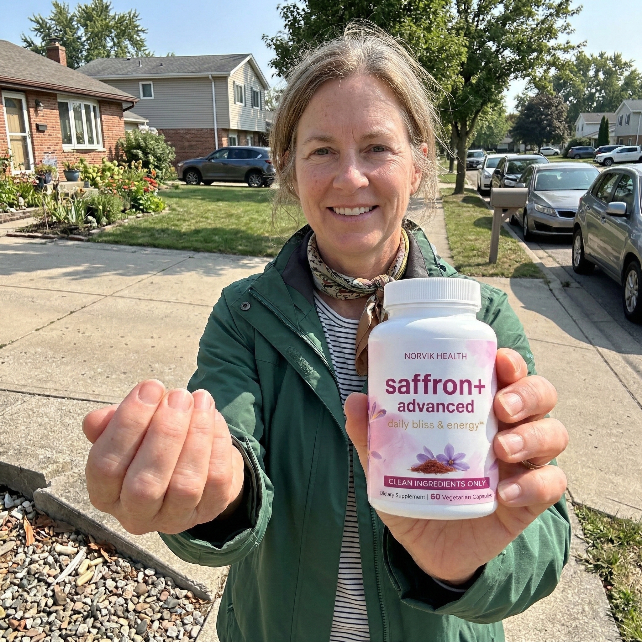 A smiling woman holds a bottle of Norvik Health saffron+ advanced supplements on a suburban sidewalk.