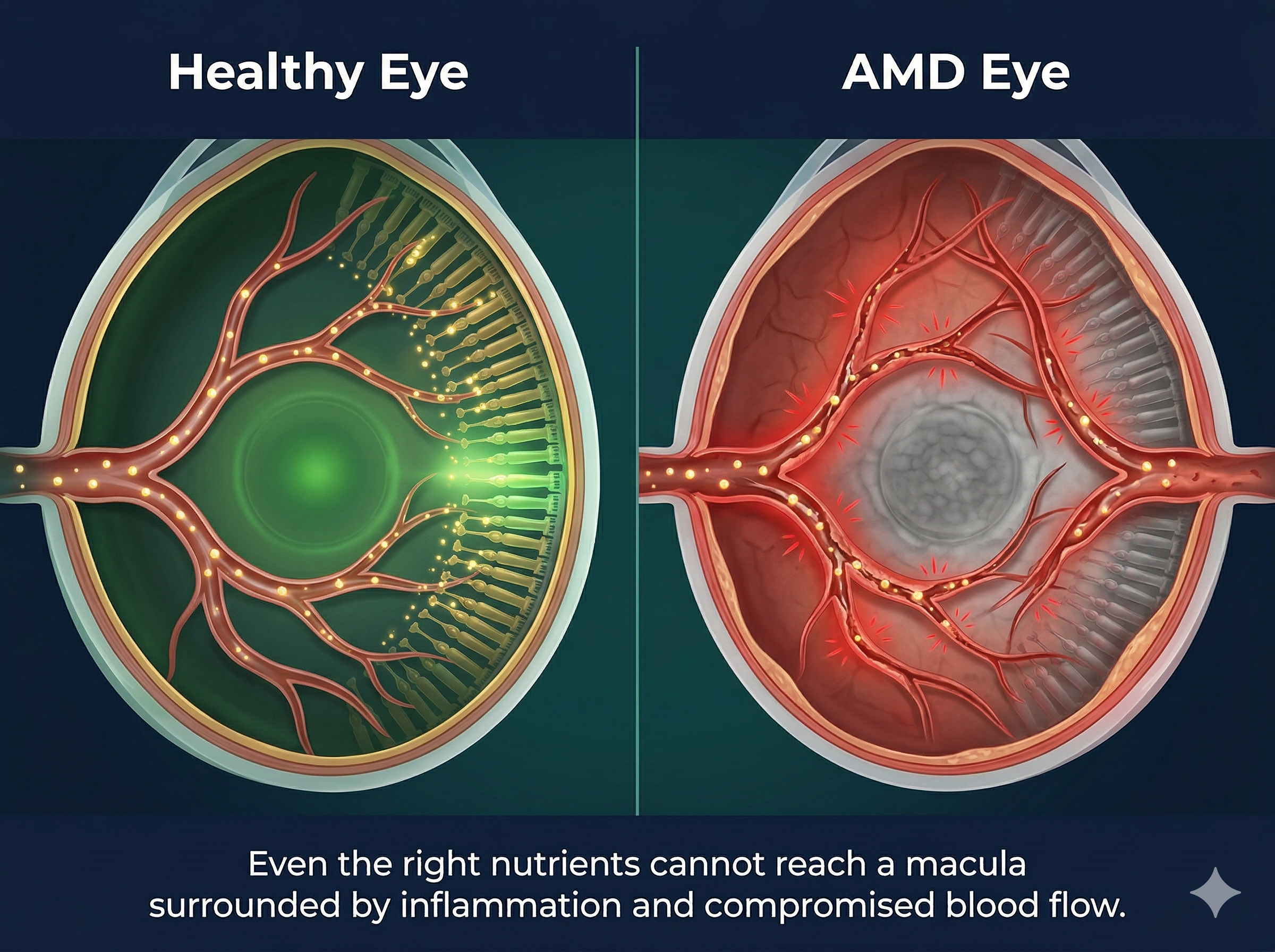 A medical illustration comparing the cross-section of a healthy eye with an eye affected by AMD.