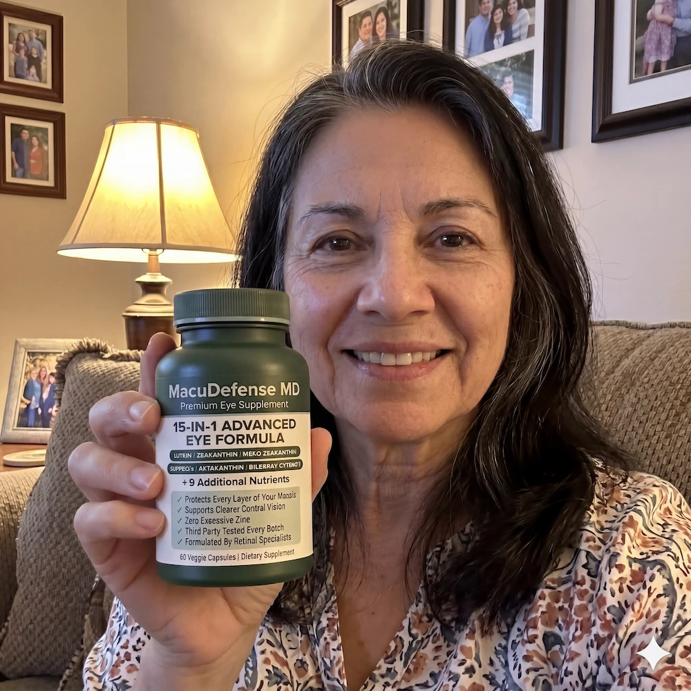 A smiling woman holds up a bottle of MacuDefense MD eye supplement in a living room setting.