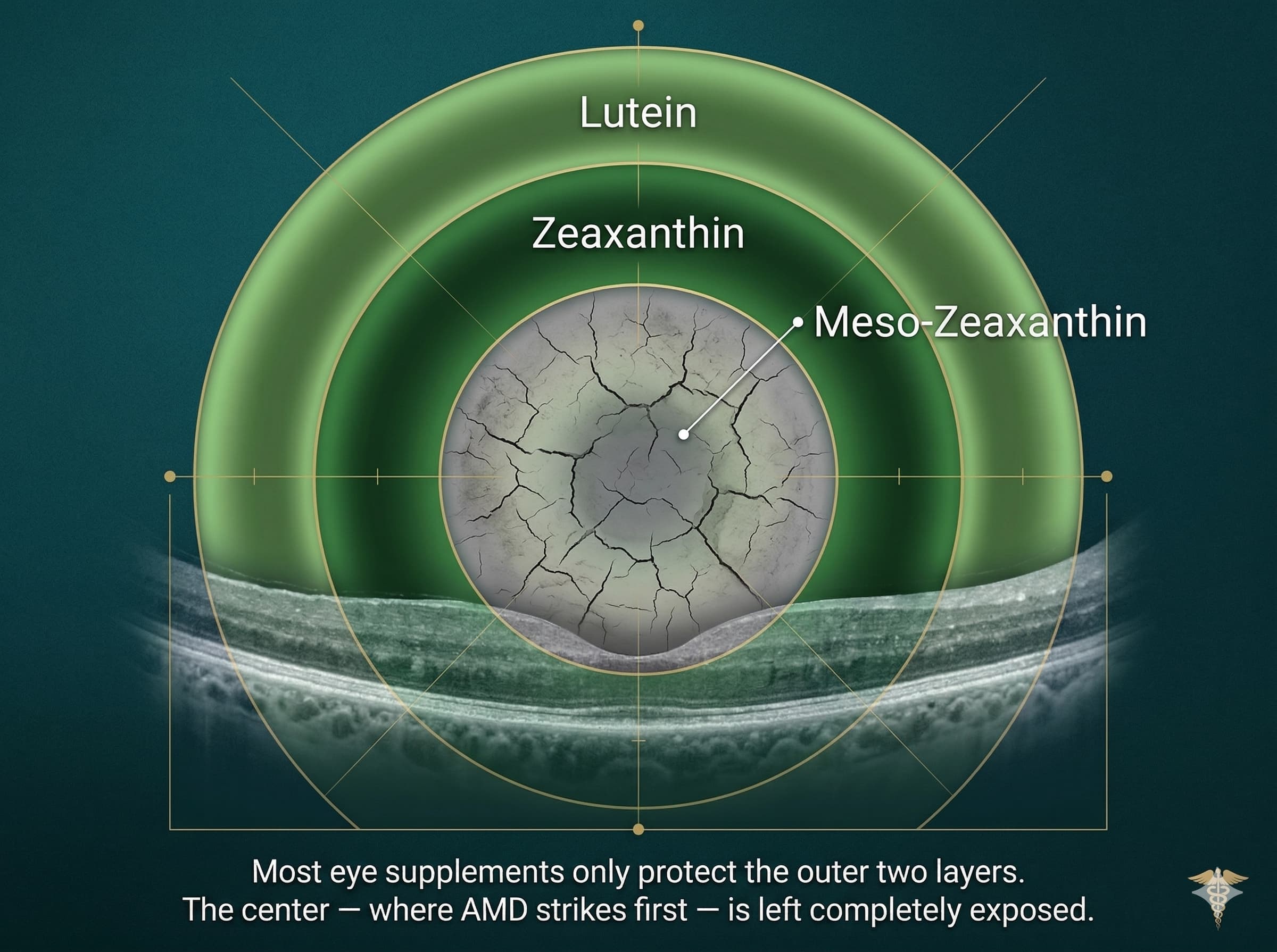 A medical diagram showing three protective layers of the eye: Lutein, Zeaxanthin, and a damaged center, Meso-Zeaxanthin.