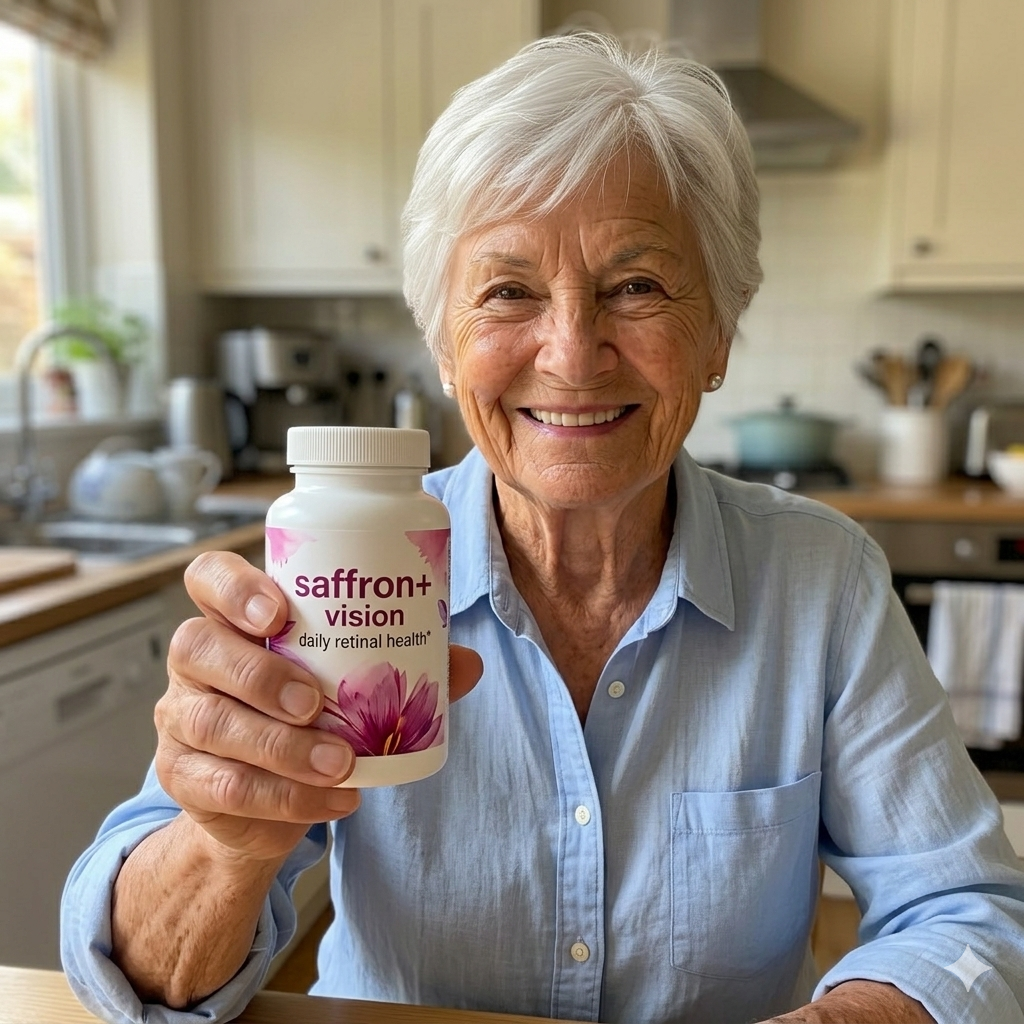 An older woman with short white hair smiles while holding a bottle of Saffron+ Vision supplements.