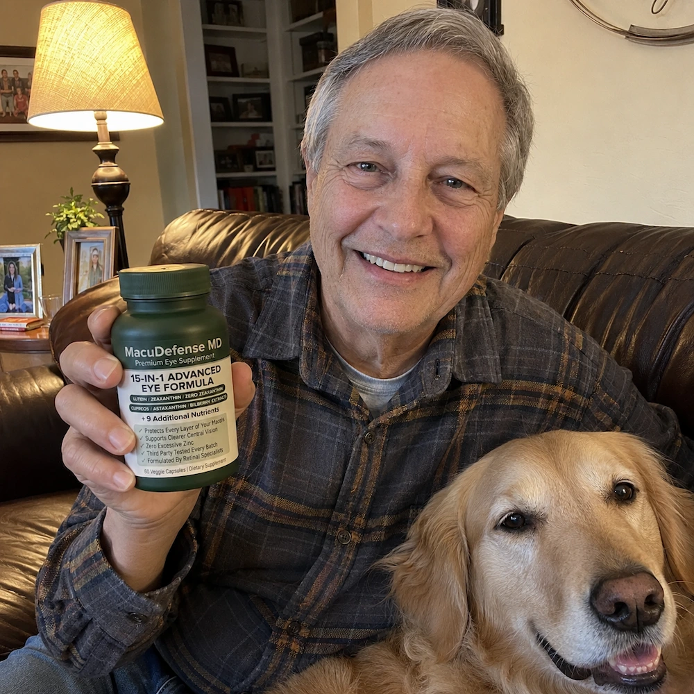 A smiling man sits on a couch with a golden retriever, holding up a bottle of eye supplements.